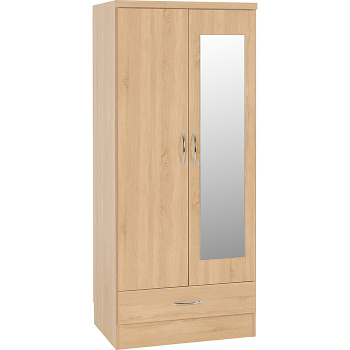 Nevada Mirrored 2 Door 1 Drawer Wardrobe In Sonoma Oak Effect